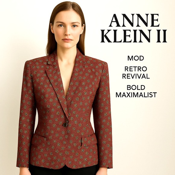 Anne Klein II Silk Blazer Women's 2 Vintage Red Geometric Mod Retro Jacket - Picture 1 of 11